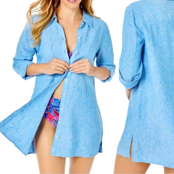 Lilly Pulitzer NWT 138.00 Women's Sea View Linen Button-Front Cover-Up Large - Picture 1 of 5